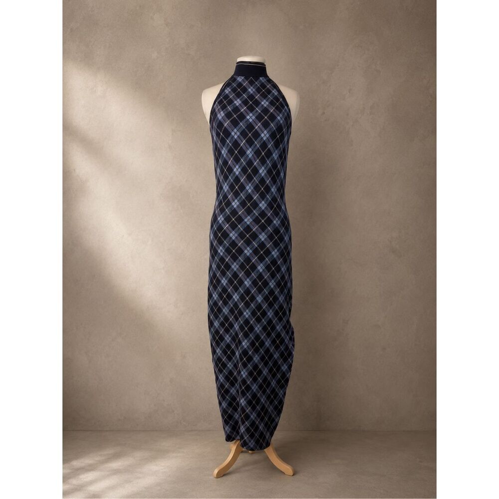 Free People Sz L Saylor Sleeveless Midi Dress Plaid Bodycon Black High Neck